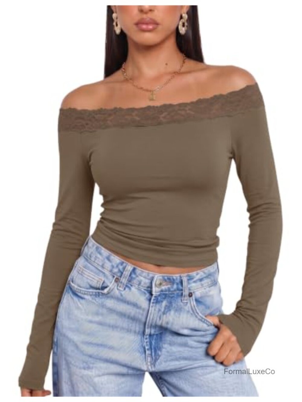 Lace Trim Off Shoulder Long Sleeve Top Rayon Blend